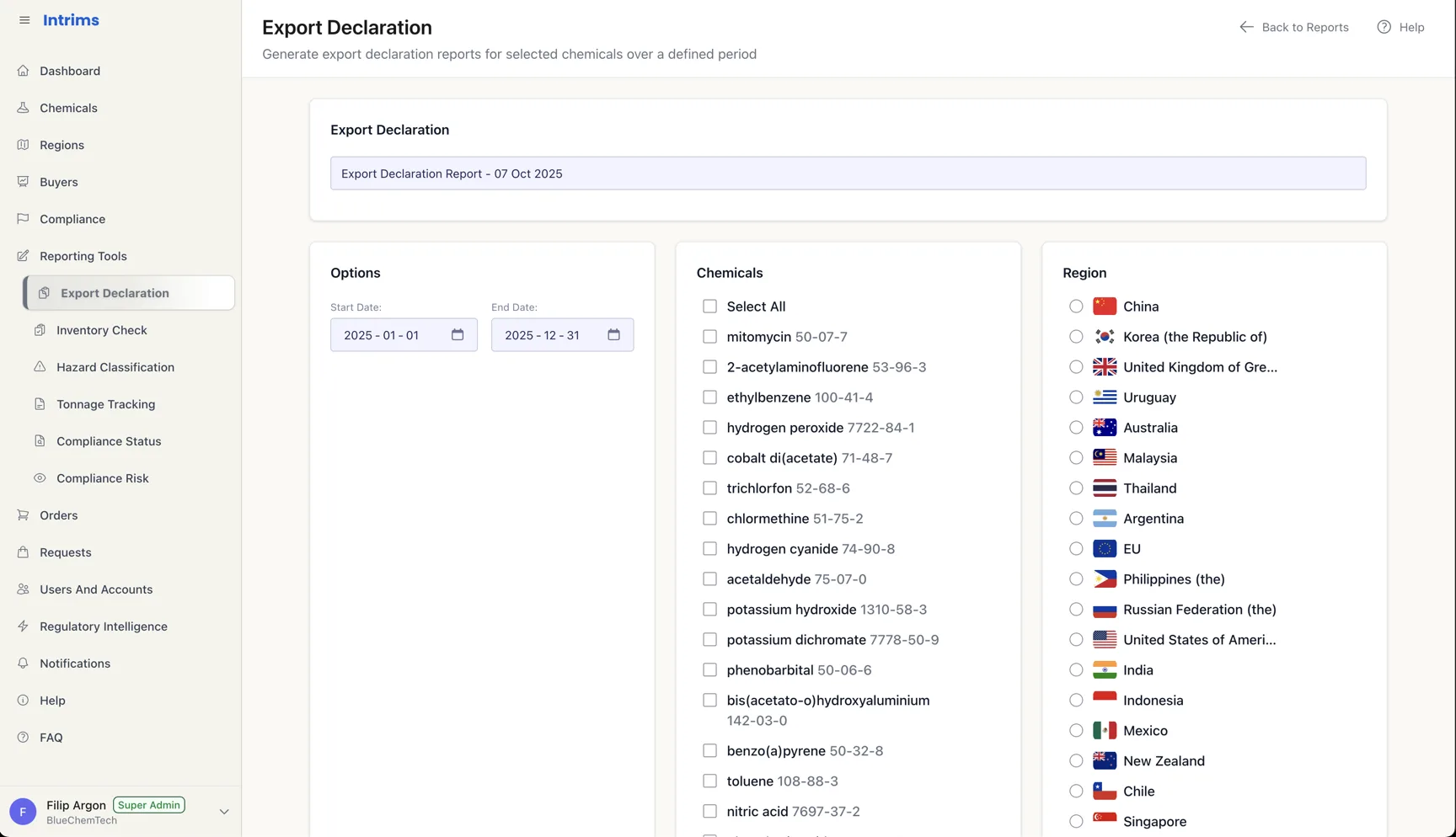 Intrims reporting tools showing a generated, export-ready regulatory report